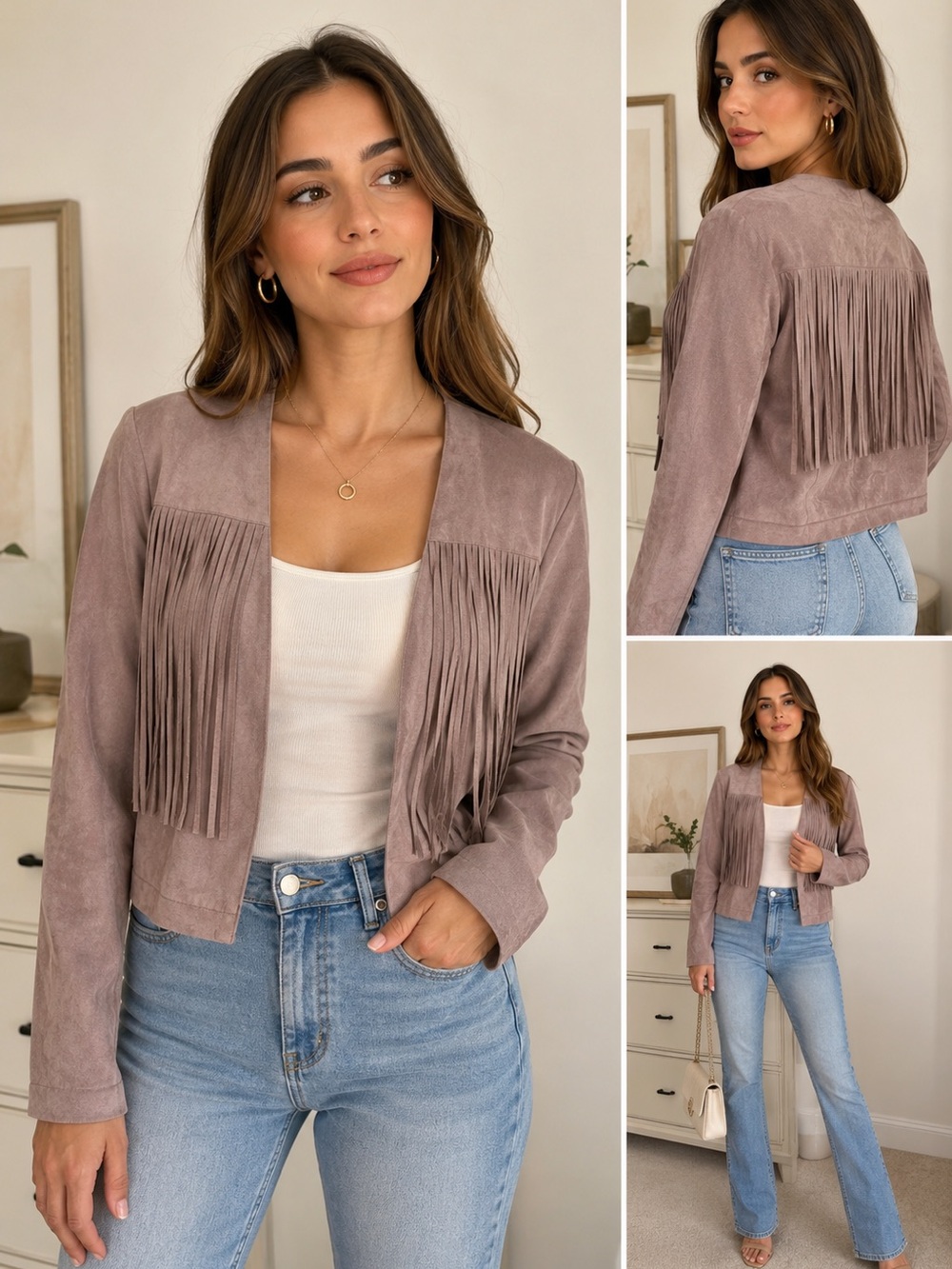 GUESS Mauve Taupe Faux Suede Fringe Jacket Western Boho Size XL